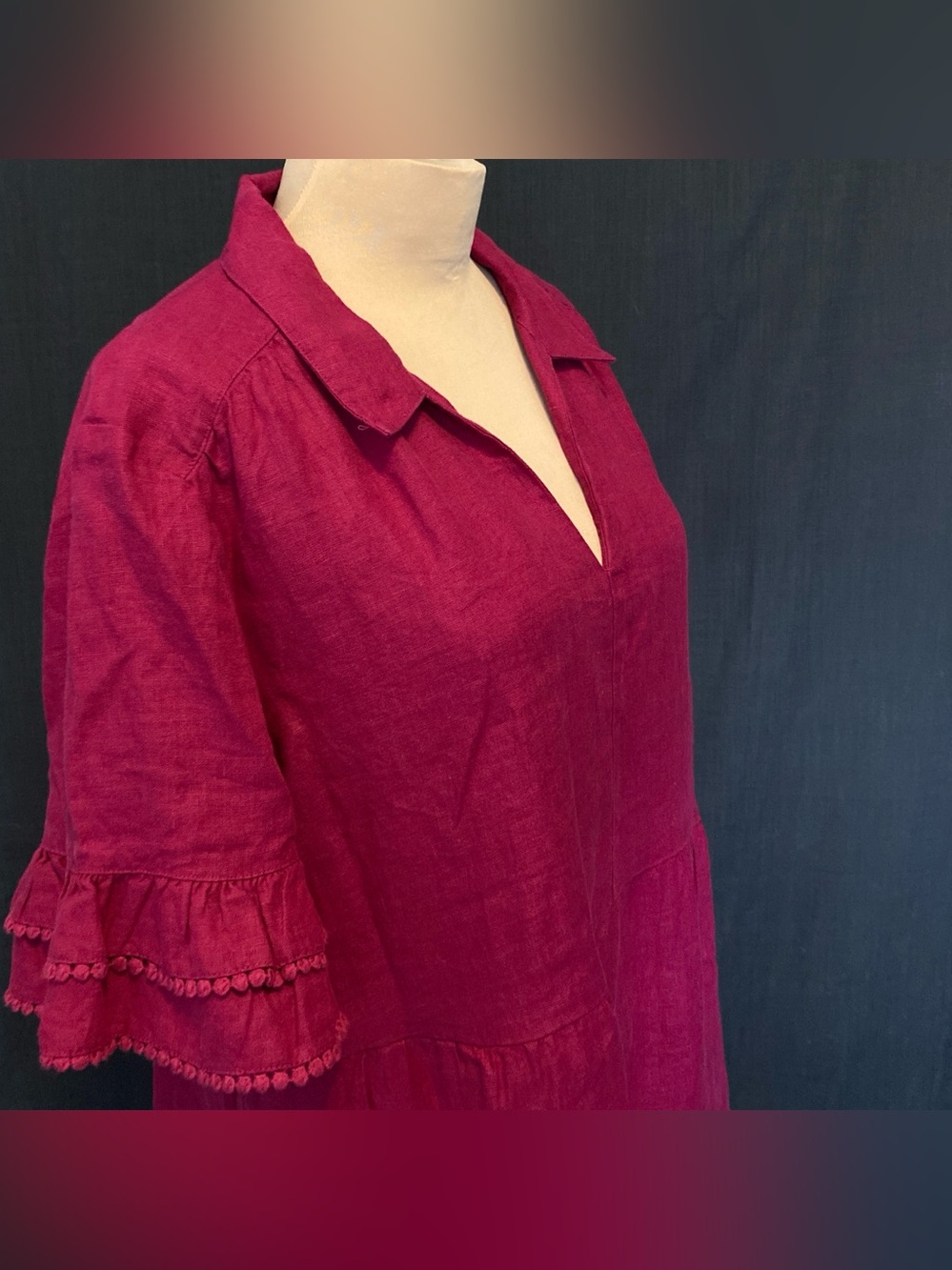 100% Linen Short Sleeve V-Neck Midi Dress w/Pockets in Raspberry | chico’s - Picture 5 of 13